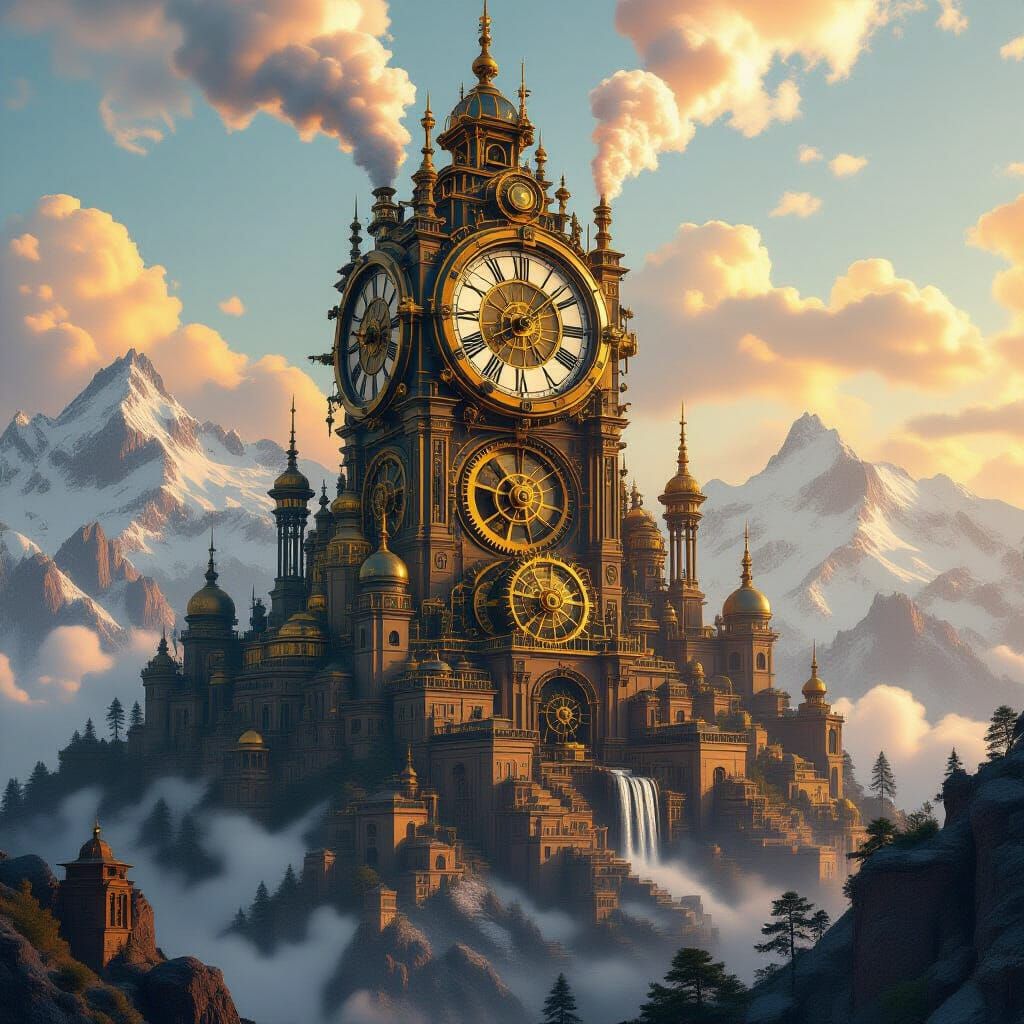 Steampunk Clock Tower on Mountain of Machinery