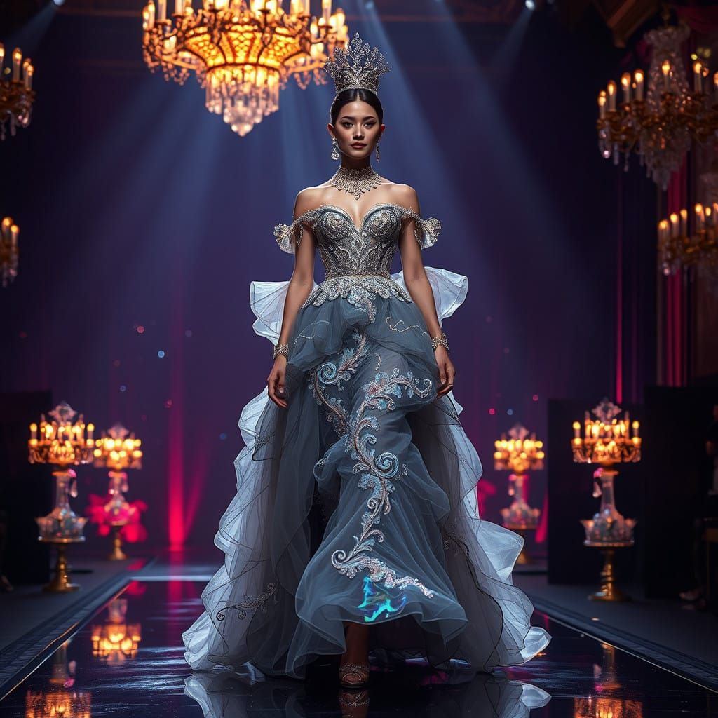 Regal Fashion Model in Haute Couture Gown, Crystal Catwalk