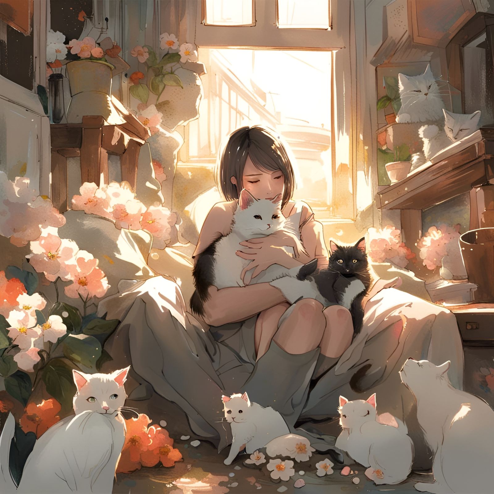 Whimsical Floral Paradise with Adorable Cat and Lady