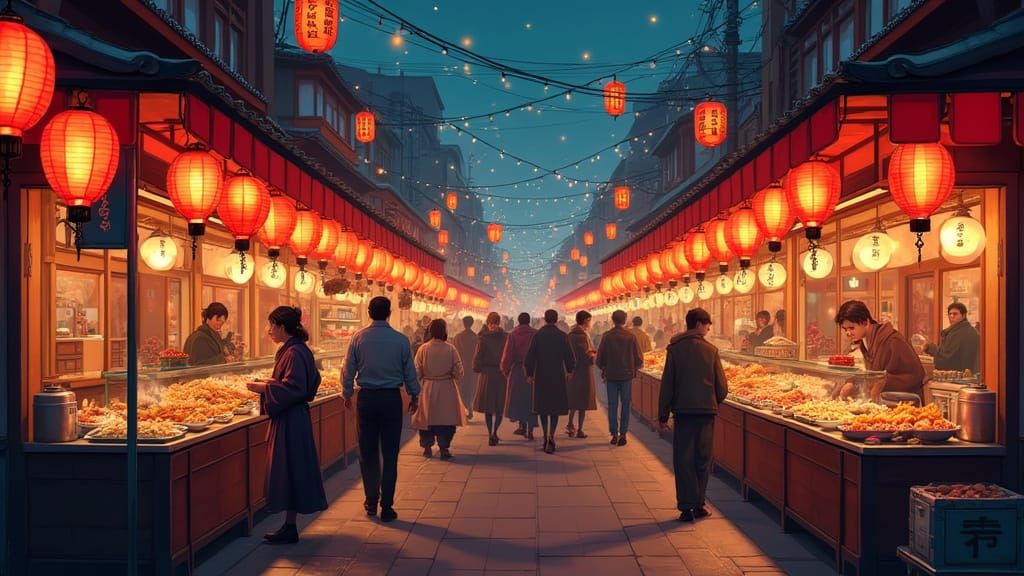 Vibrant Japanese Night Market in Pixel Art Style