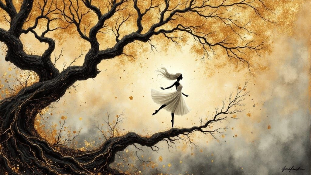 Ethereal Ballerina Dances on Golden Tree Branch in a Whirlwi...