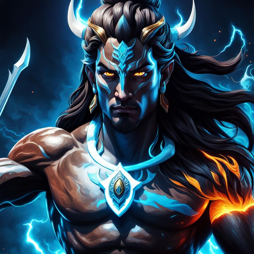 Glowing Lord Shiva in Fury, Triadic Colors, 8k Unreal Engine...