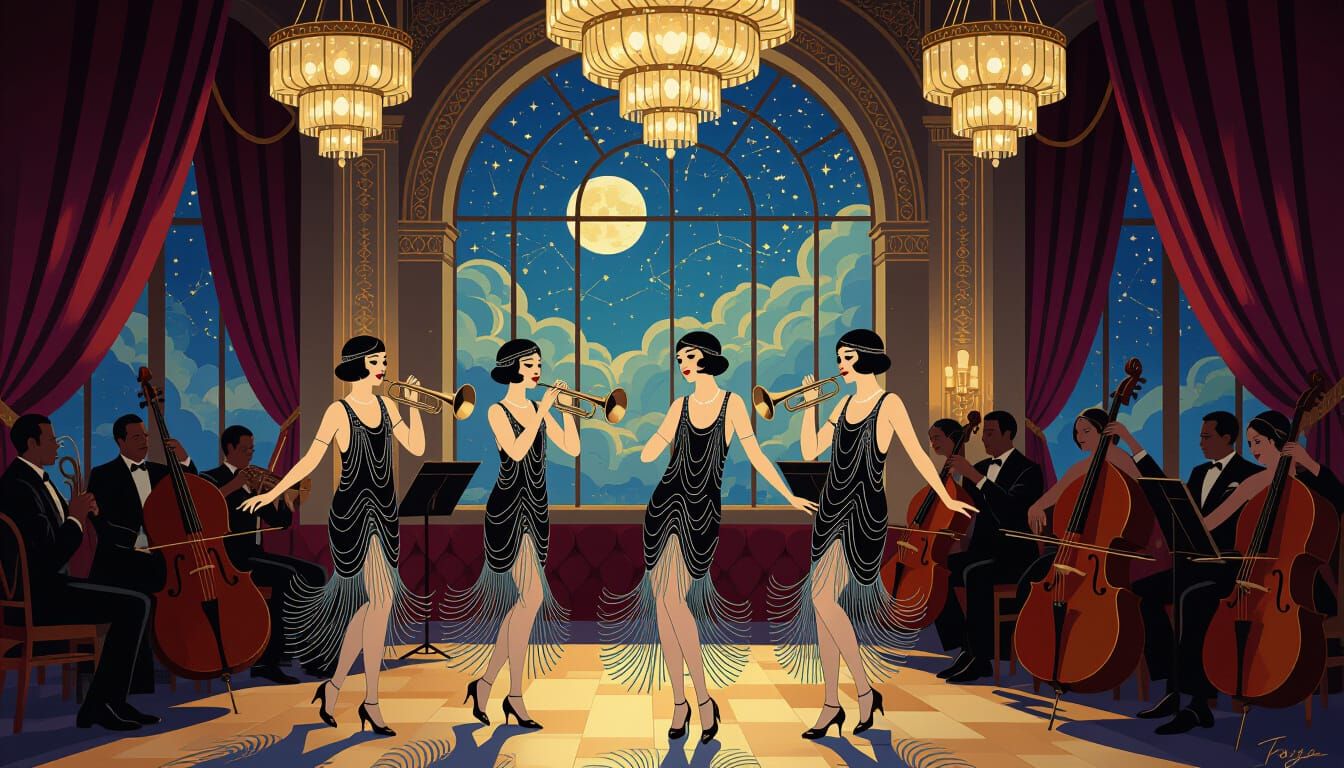 Flappers Dancing in Art Deco Ballroom