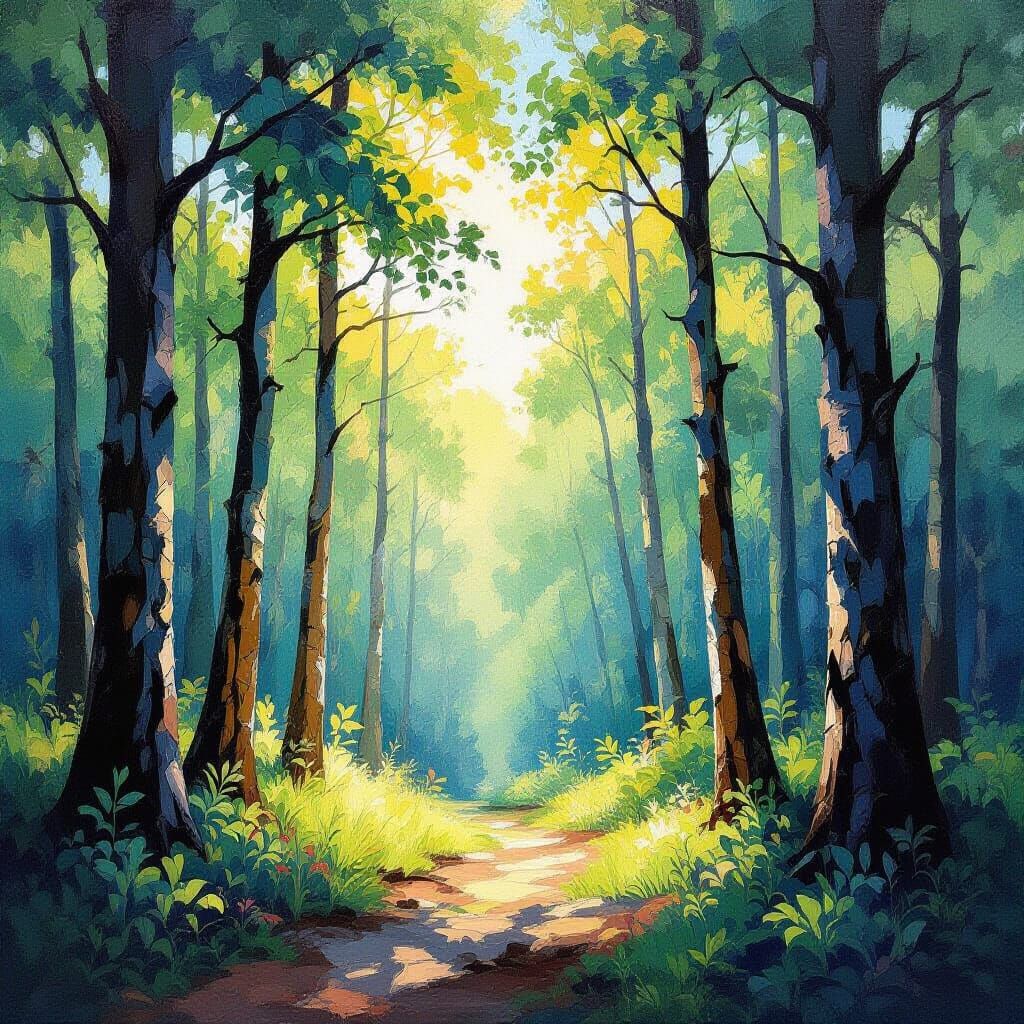 Vibrant Forest Sunshine in Gouache and Watercolor Style