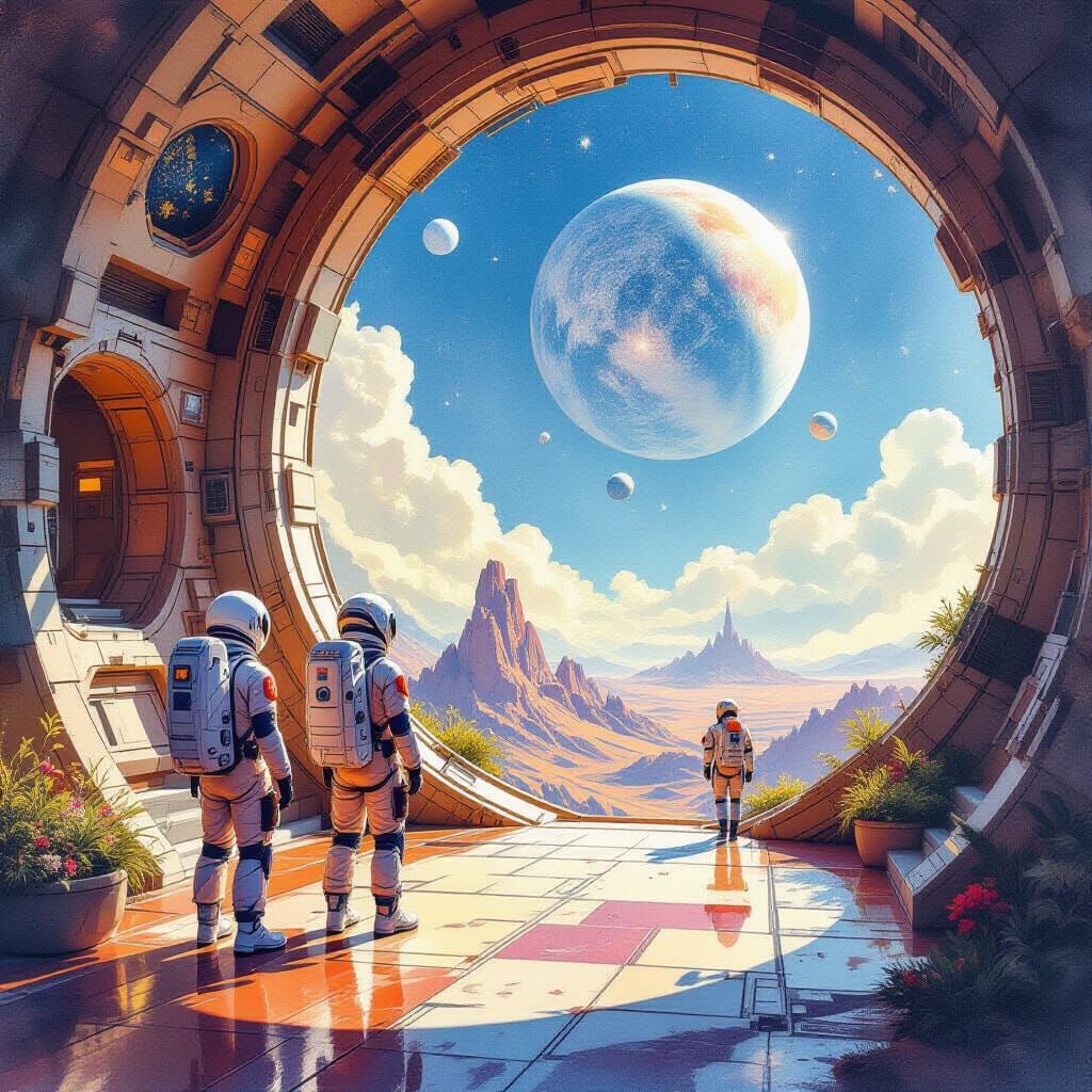 Futuristic Space Academy in Watercolor Style