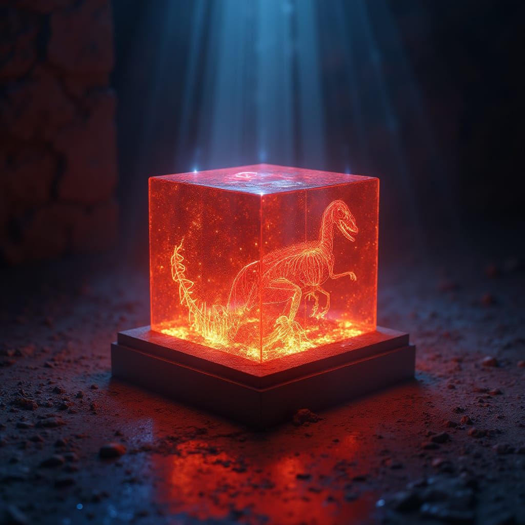 Illuminated Cube with Dinosaur Bones and Egyptian Symbol