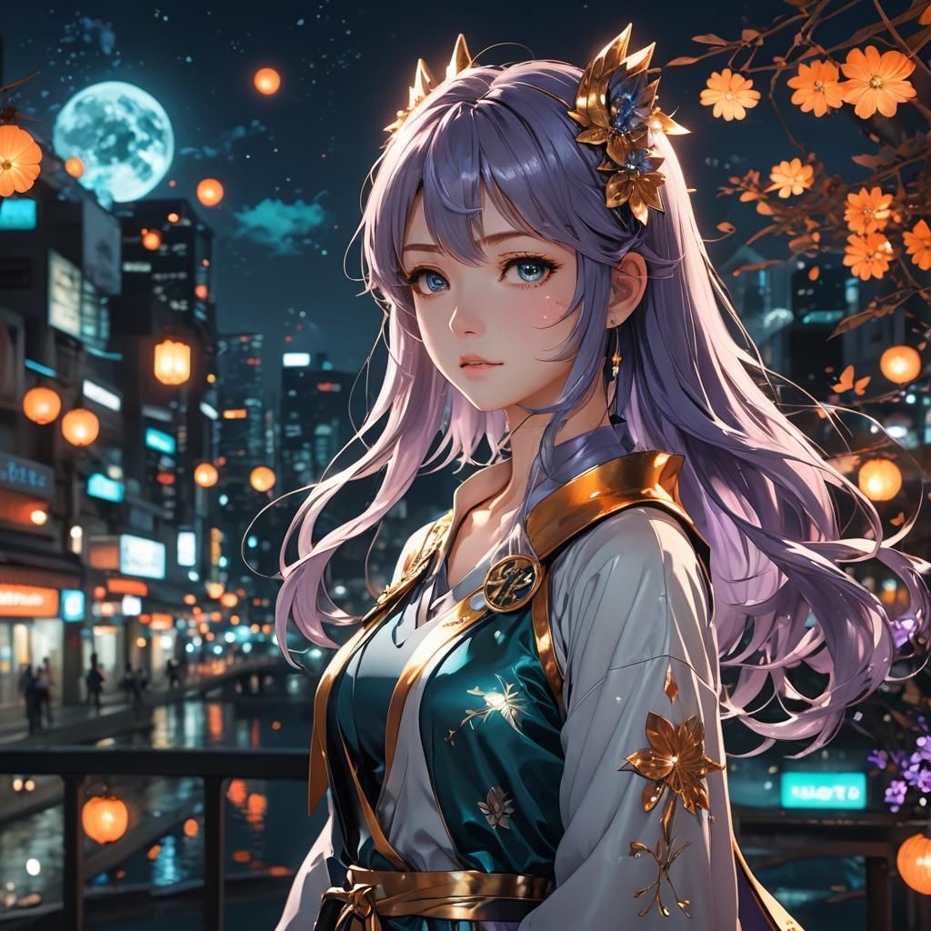 Ethereal Anime Goddess Under Midnight Skies