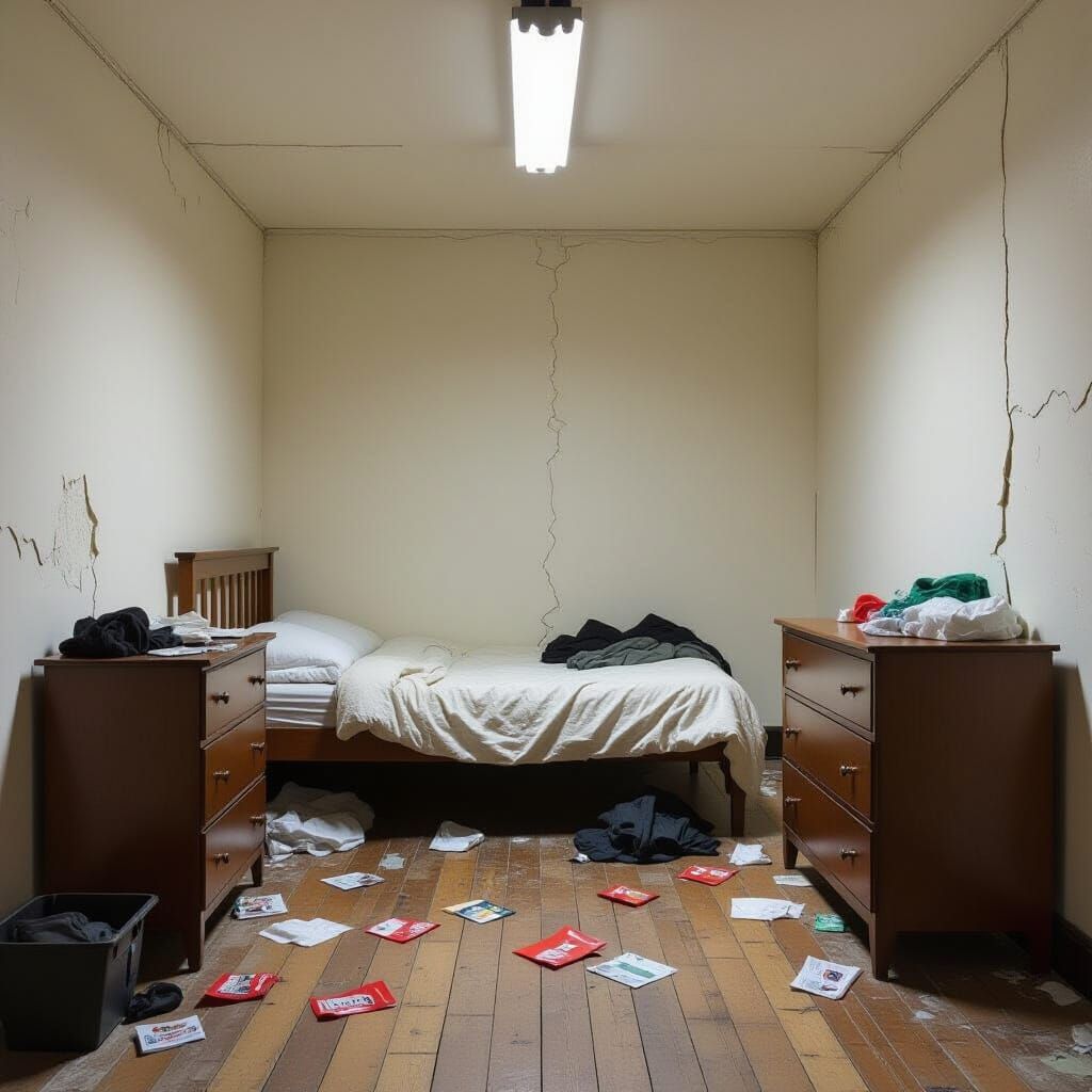 Dilapidated Room with Harsh Lighting and Gritty Realism