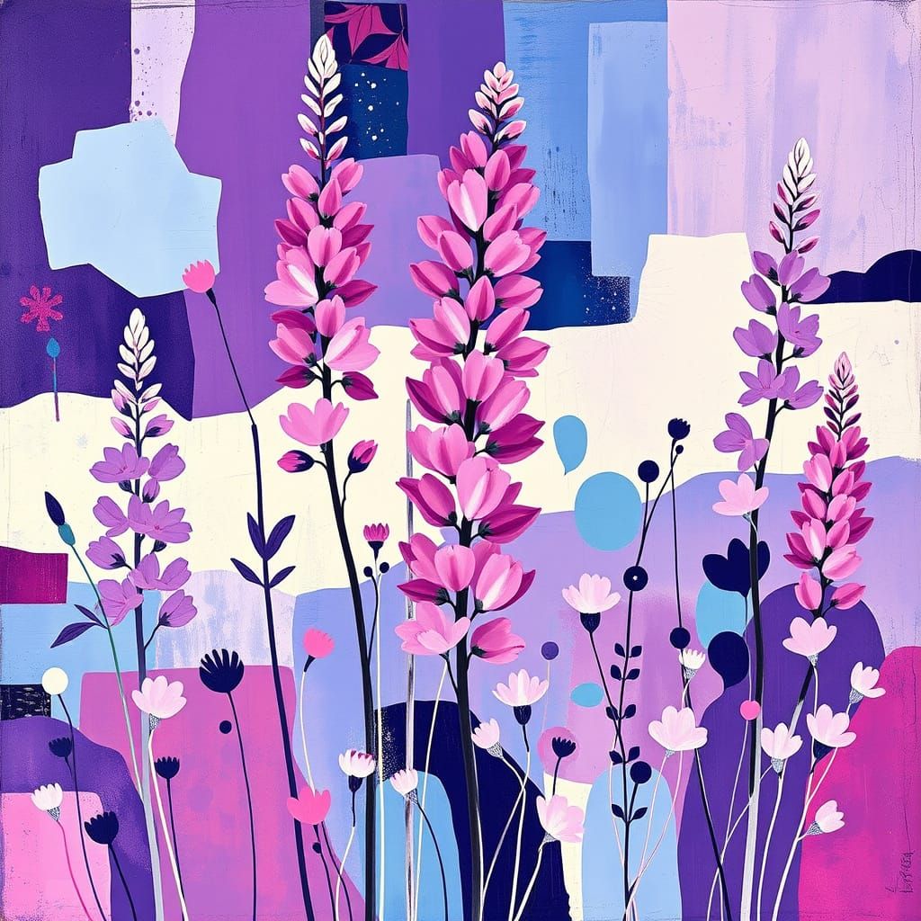 Vibrant Mondrian-Style Lupine Abstractions in Purple and Pin...