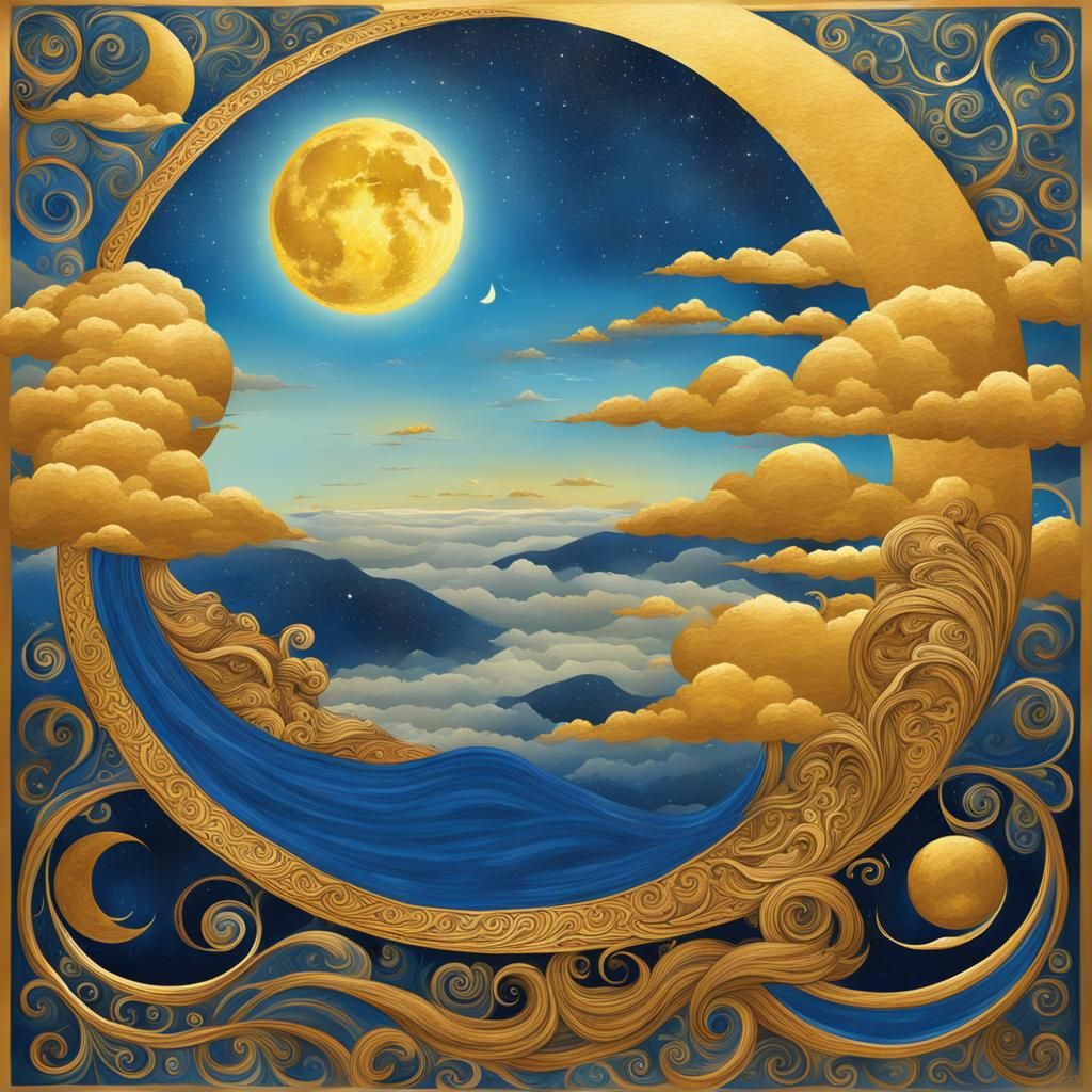 Golden Sunset Amidst Celestial Bodies in a Dreamlike Turquoi...