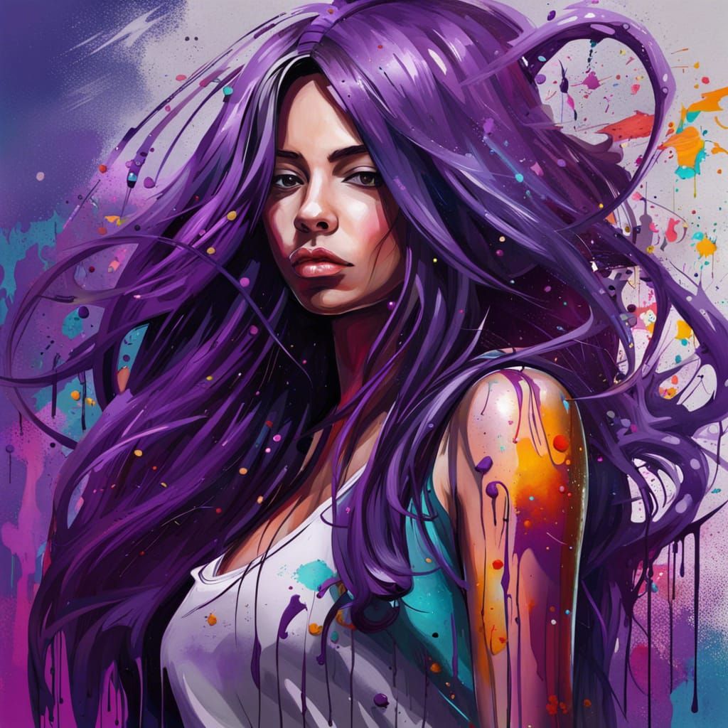 Strong Curvy Woman with Long Hair in Vibrant Graffiti Art