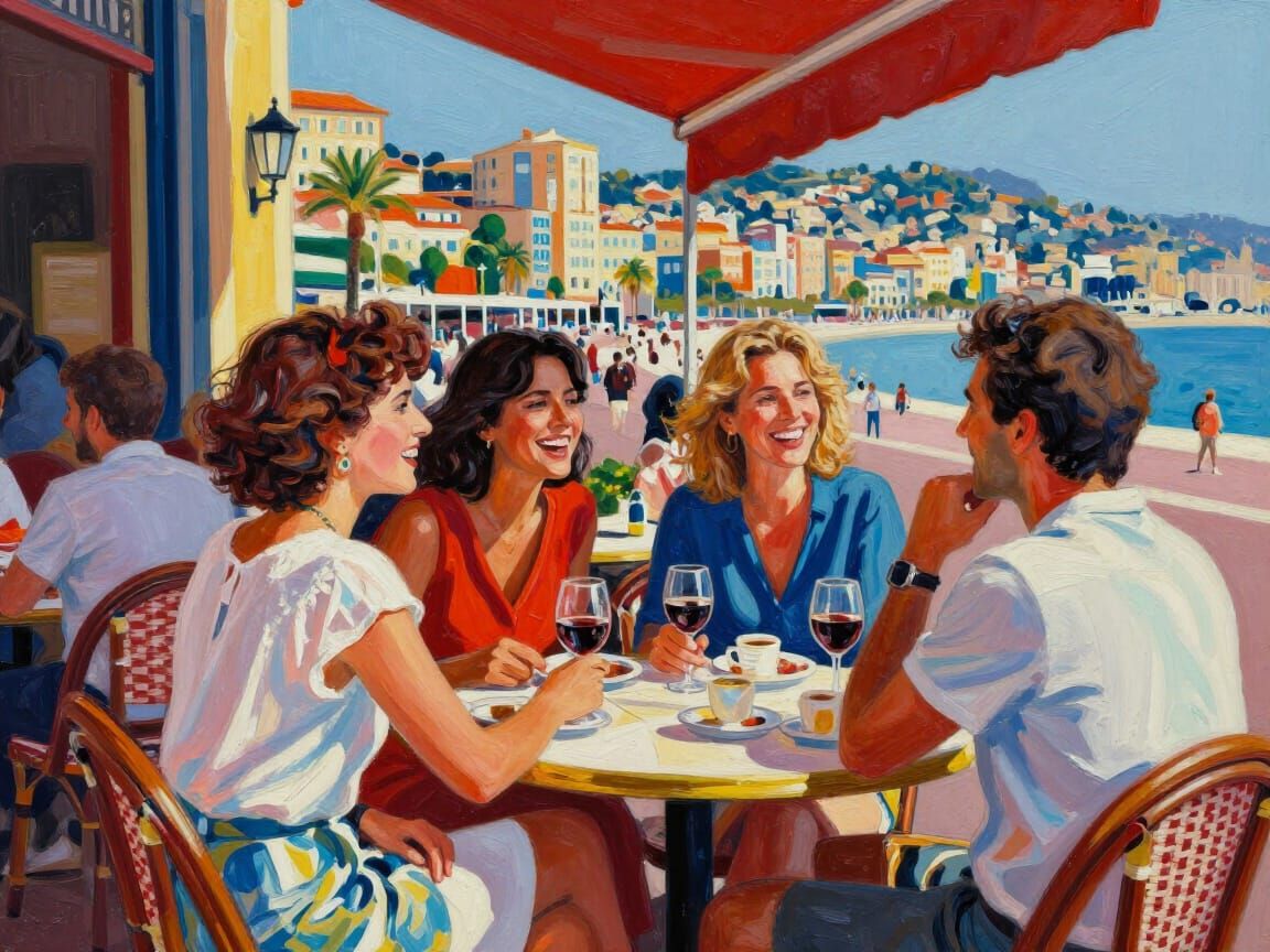 Friends Laughing at Seaside Cafe in Nice