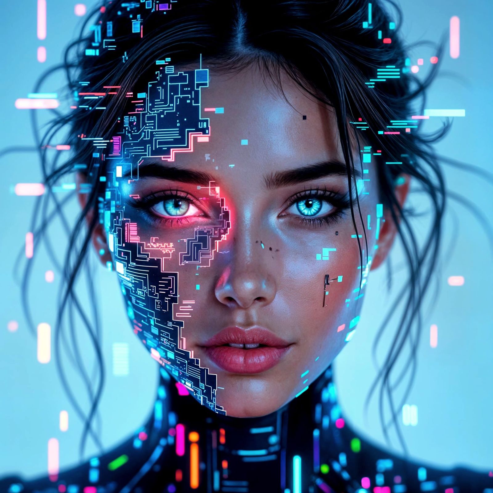 Cyberpunk Glitch Portrait of Woman with Circuit Board