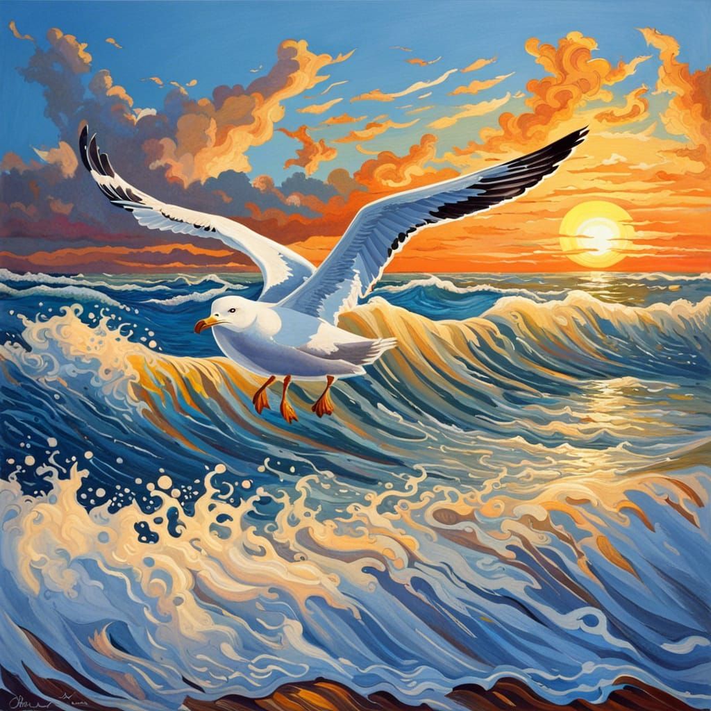Seagull in Sunset Glow, Intricately Detailed Digital Art