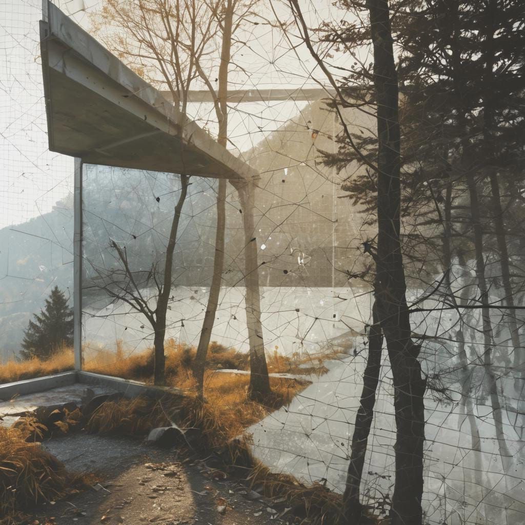 Double Exposure Urban Ruin in Halftone Textures and Grid Pat...