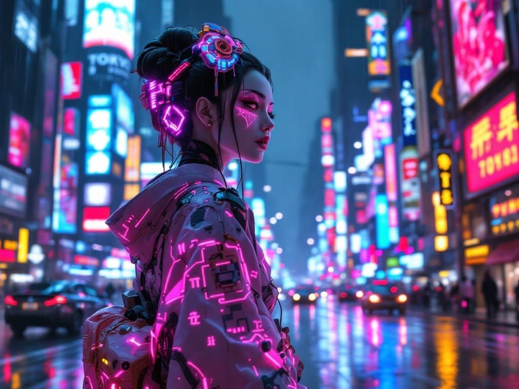 Cyberpunk Geisha in Rainy Tokyo Night