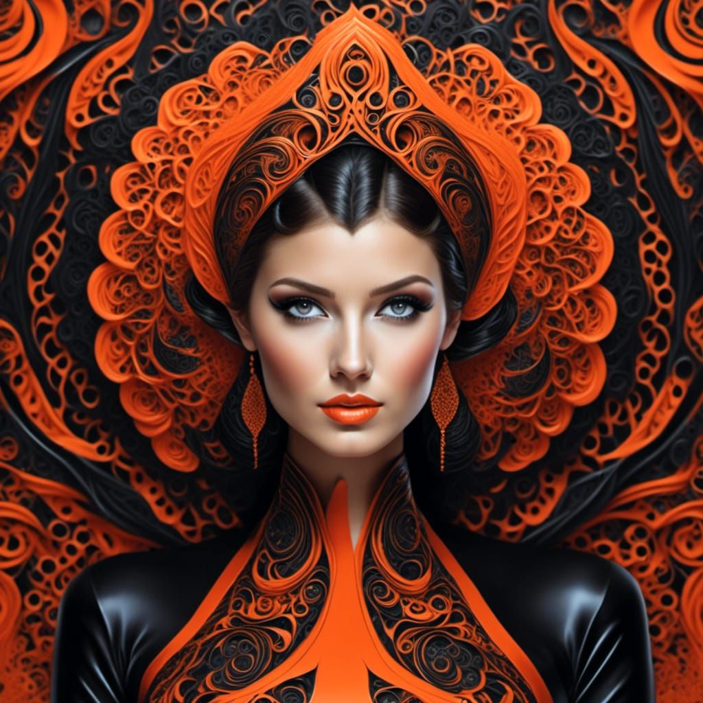 Elegant Woman Adorned with Zentangle-Inspired Headpiece in B...