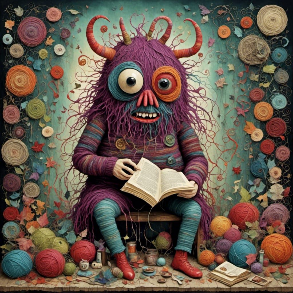 Surrealist Yarn Monster Knitting a Vibrant Sweater