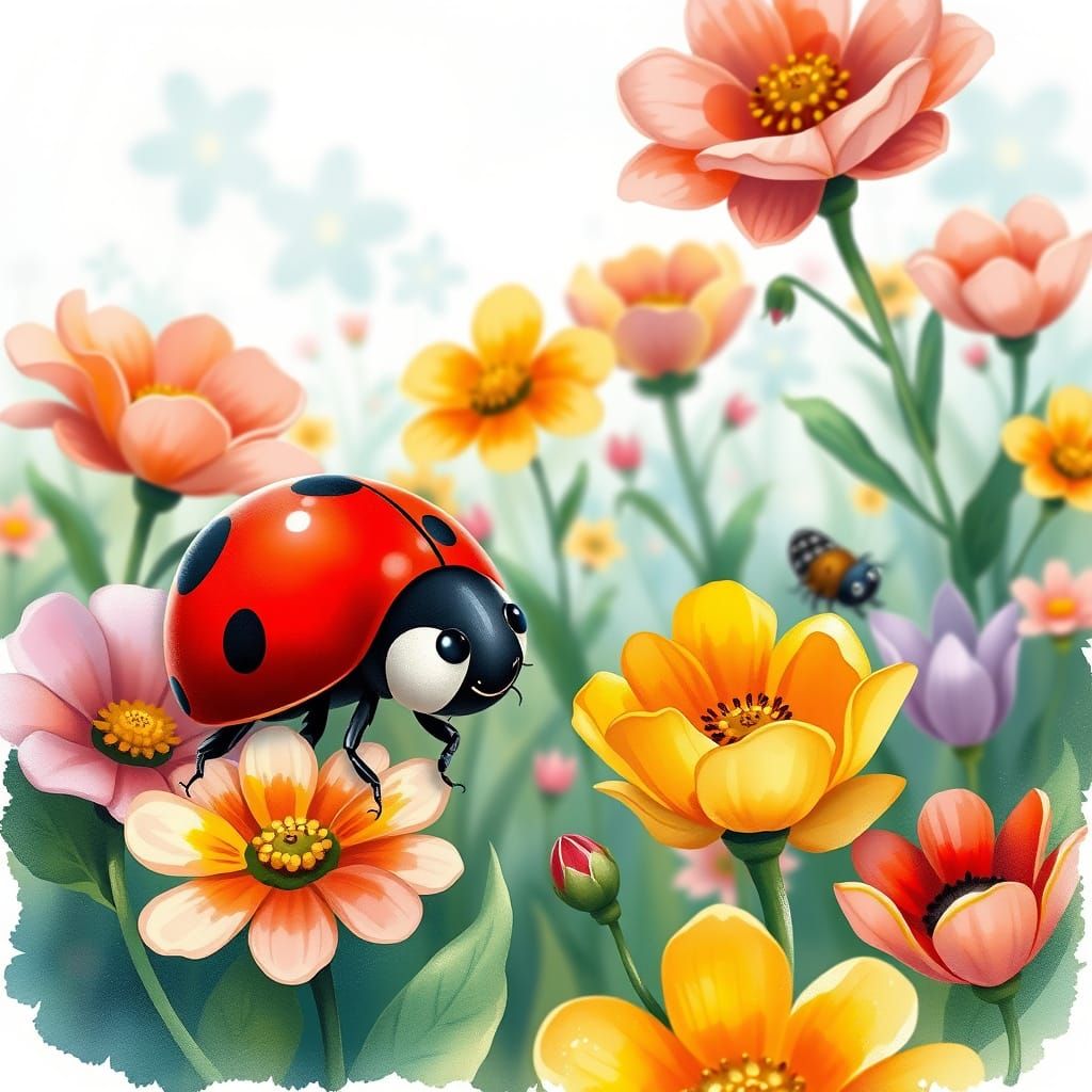 Girl and Ladybug in Park, Watercolor Painting Style
