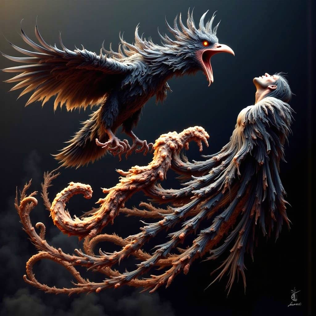 Mythical Creature with Centipede Body and Raven