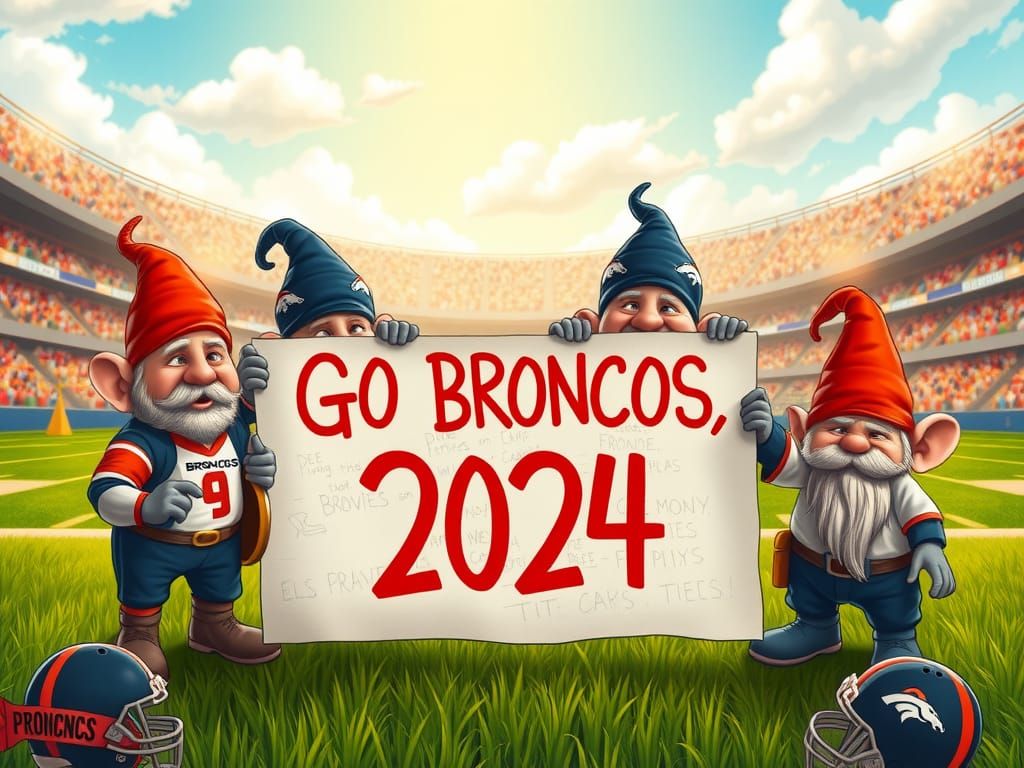 Denver Broncos Football Team Gnomes Have a Sign That Says, "GO BRONCOS, 2024"