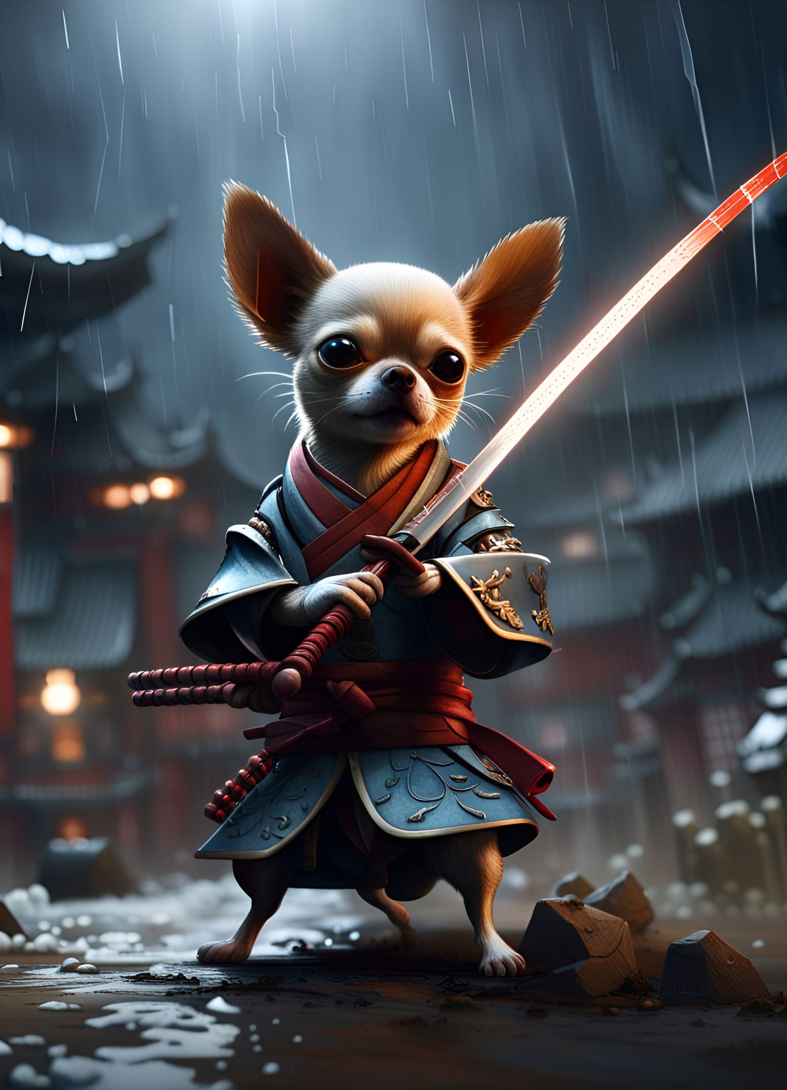 Chihuahua Samurai Battle in Triadic Colors