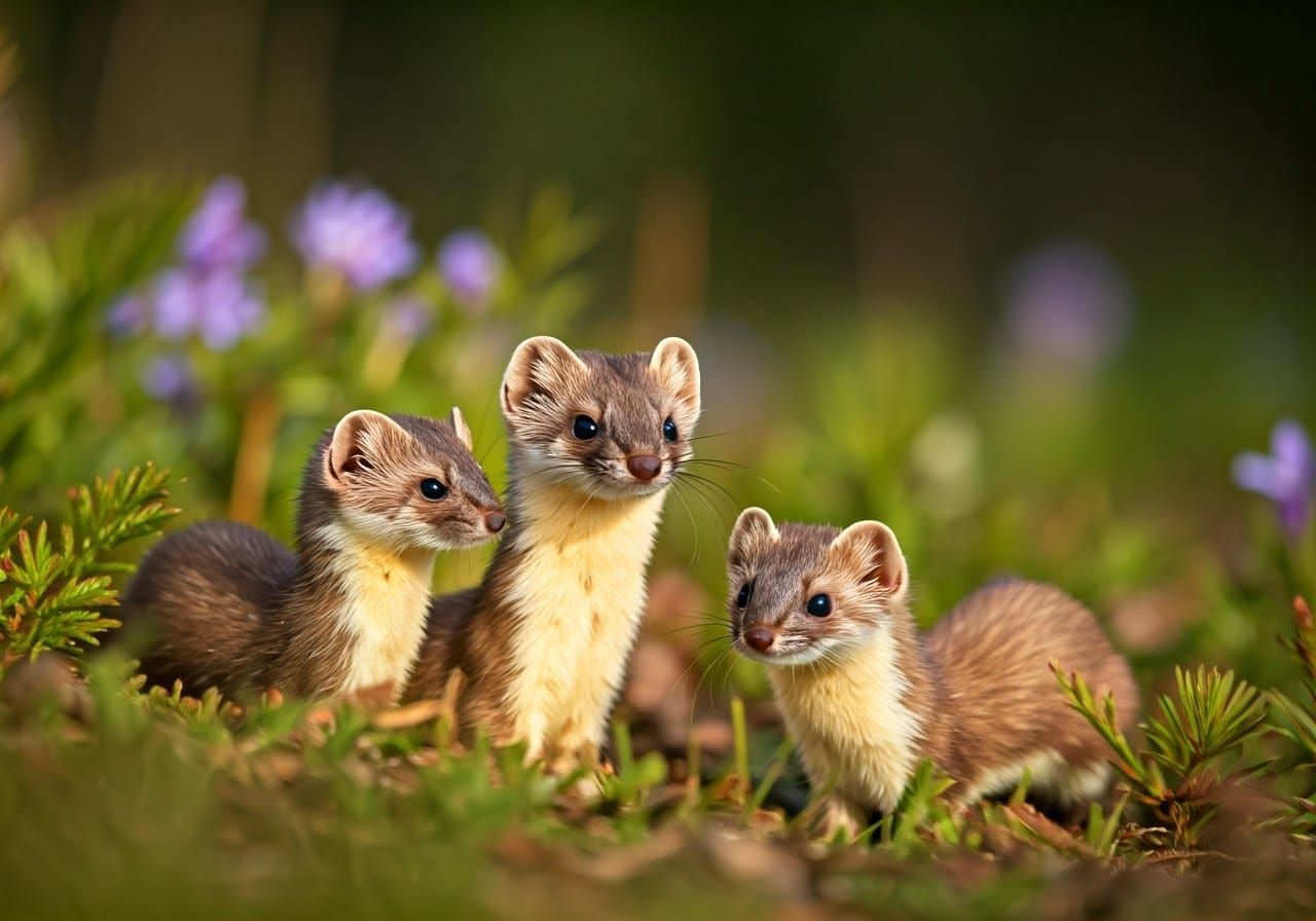 Ermine Family in Sun-Dappled Forest
