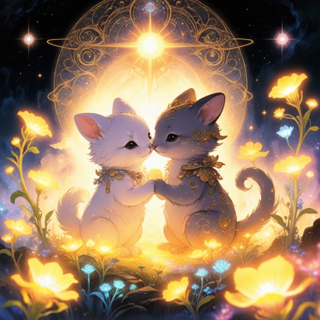 Magical Creatures Embrace Under Golden Moonlight
