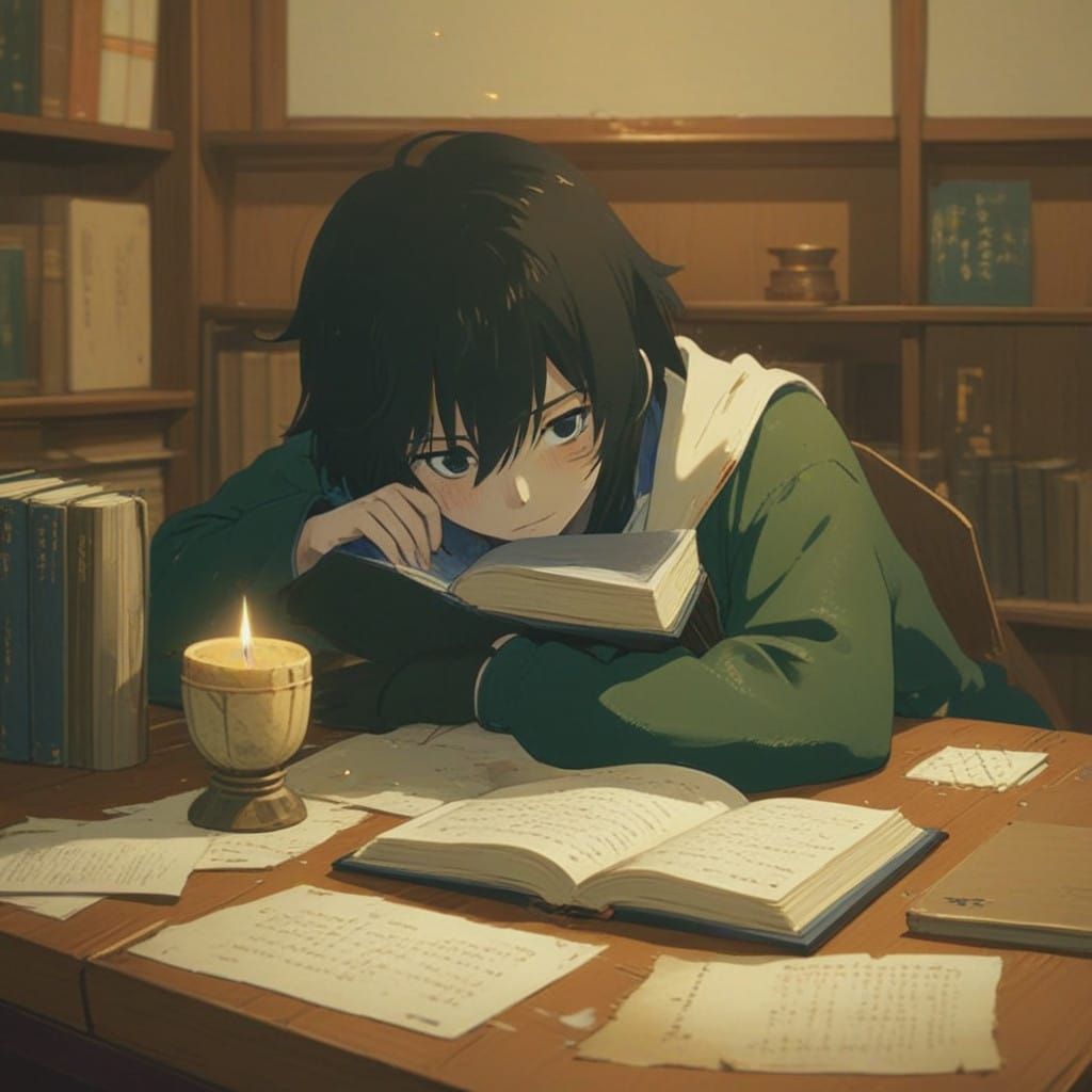 Anime-Style Study Scene in Warm Candlelight