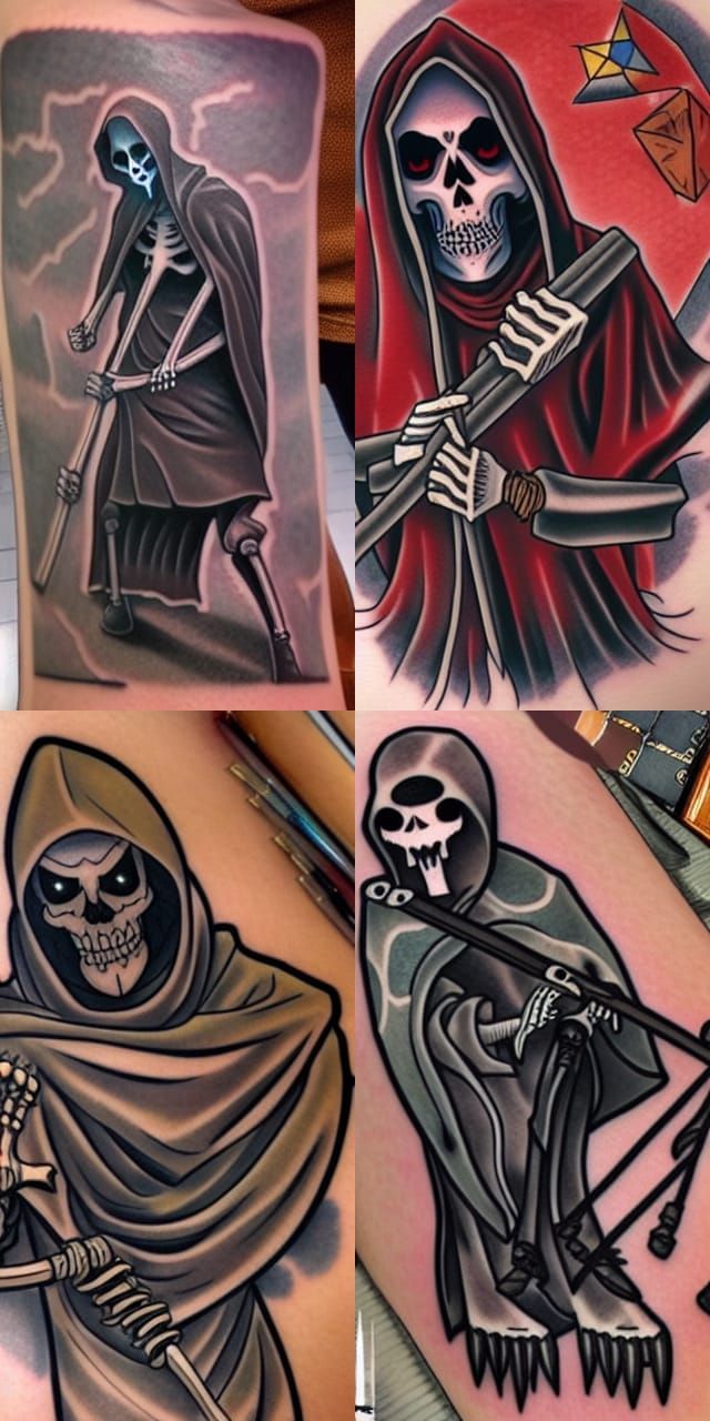 Depressed Skeleton Reaper in Traditional American Tattoo Sty...