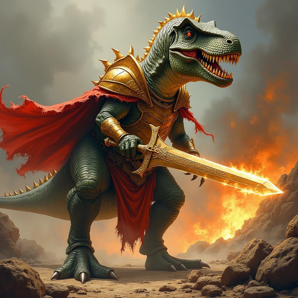 Dinosword: Epic Oil Painting of T-Rex Wielding Giant Sword i...