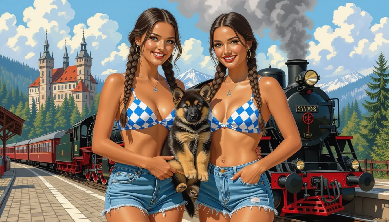 Women with German Shepherd and Steam Train, Frazetta Style