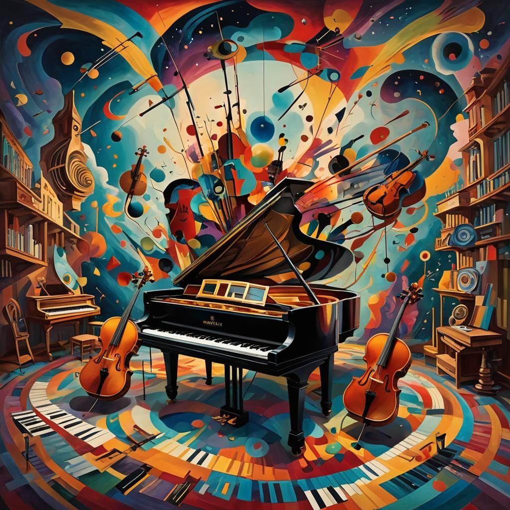 Artistic Image, A surreal, dreamlike scene of a piano, violi...