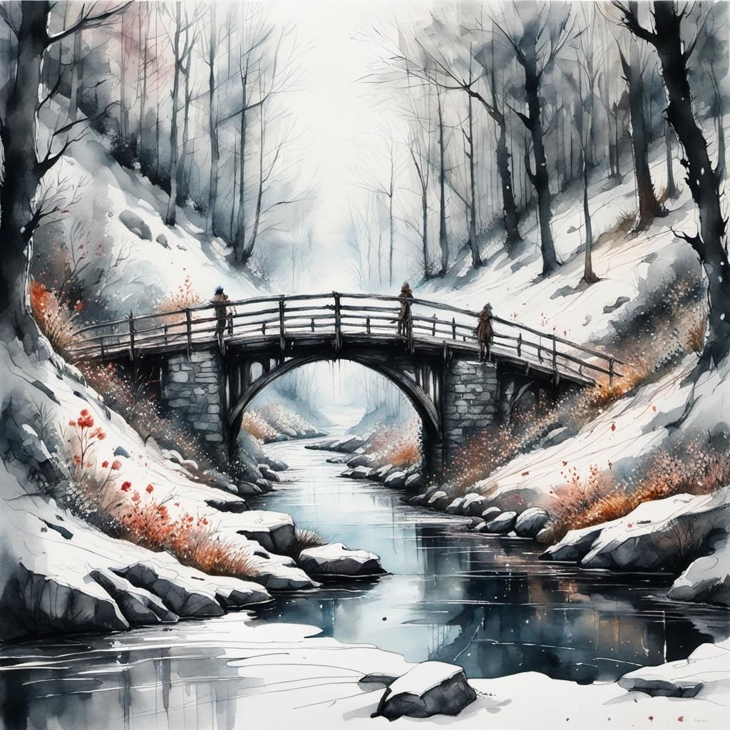 Vibrant Winter Bridge in a Snowy Floral Forest