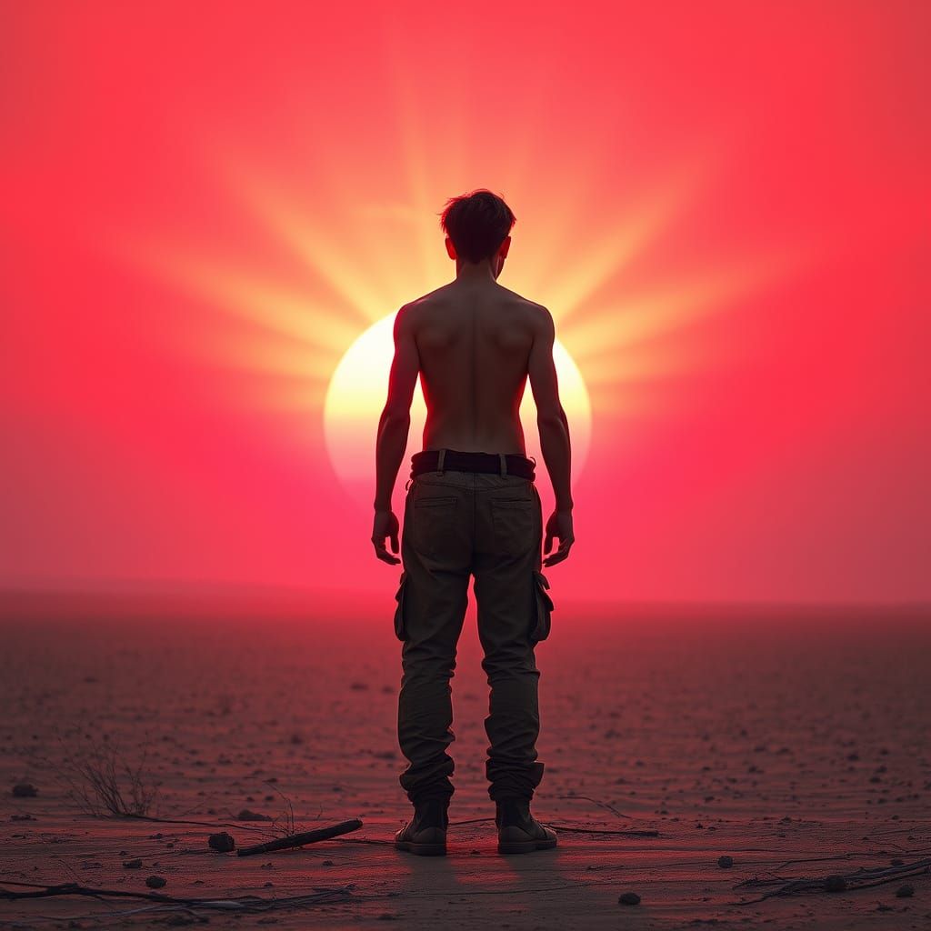 Crimson Sunset Over Alien Desert in Dark Fantasy Style