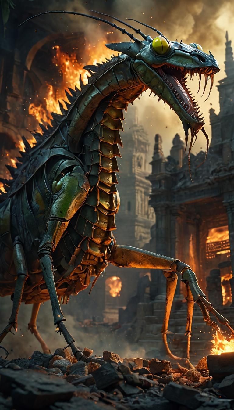 Furious Mantis-Dragon Unleashes Fiery Blast Amidst Ruins