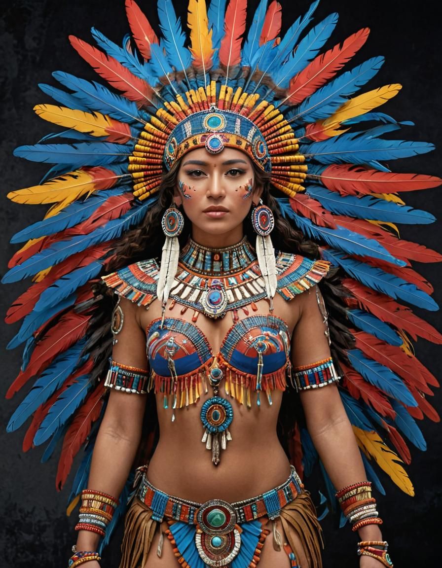 Aztec Goddess Chimalman in Vibrant Headdresses and Symbolic....