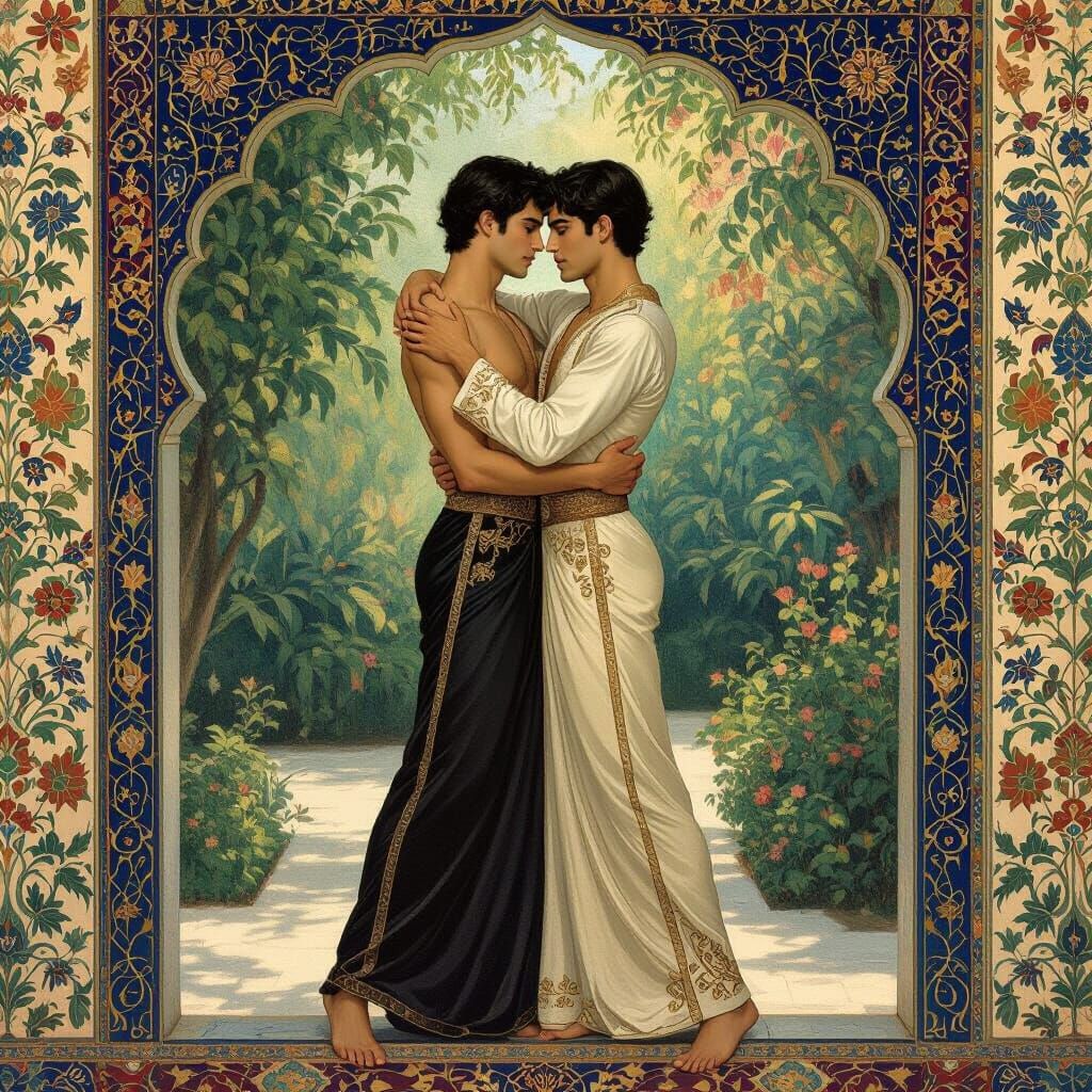 Secret Embrace in Persian Palace Garden