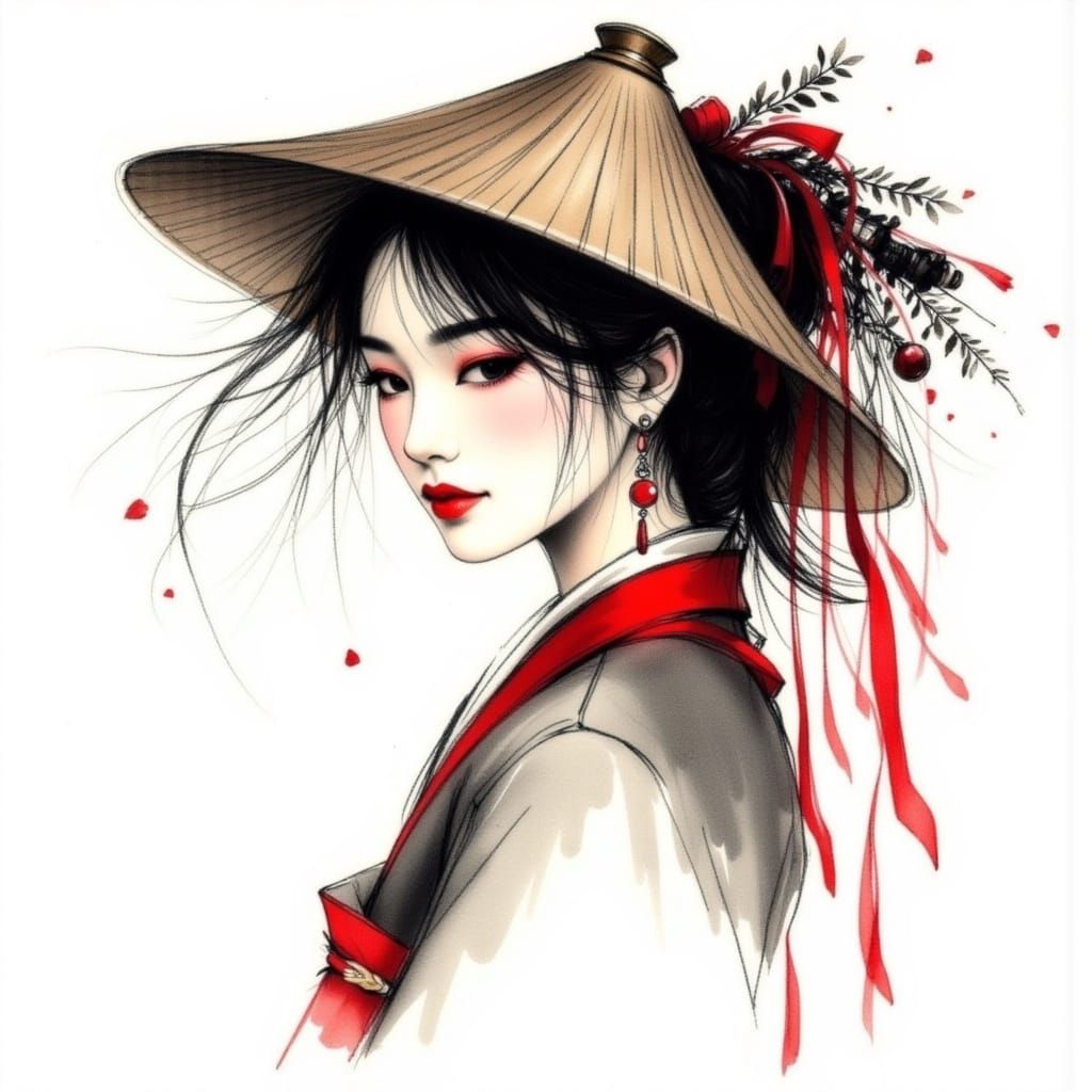 Expressive Ink Wash Portrait of Woman with Red Ribbon