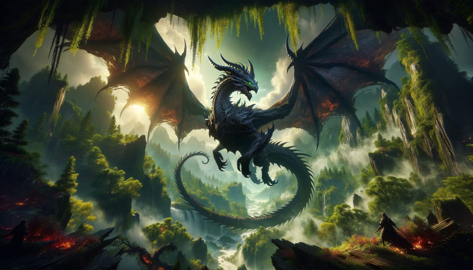 Epic Dragon Leaps from Cliff into Vibrant Nature