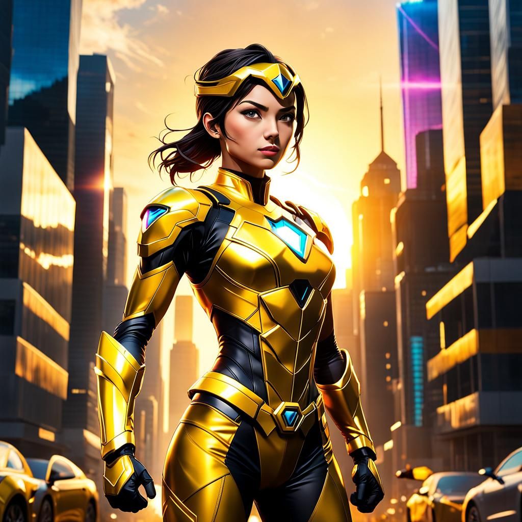 Vibrant 3D Anime Art of a Confident Female Yellow Ranger