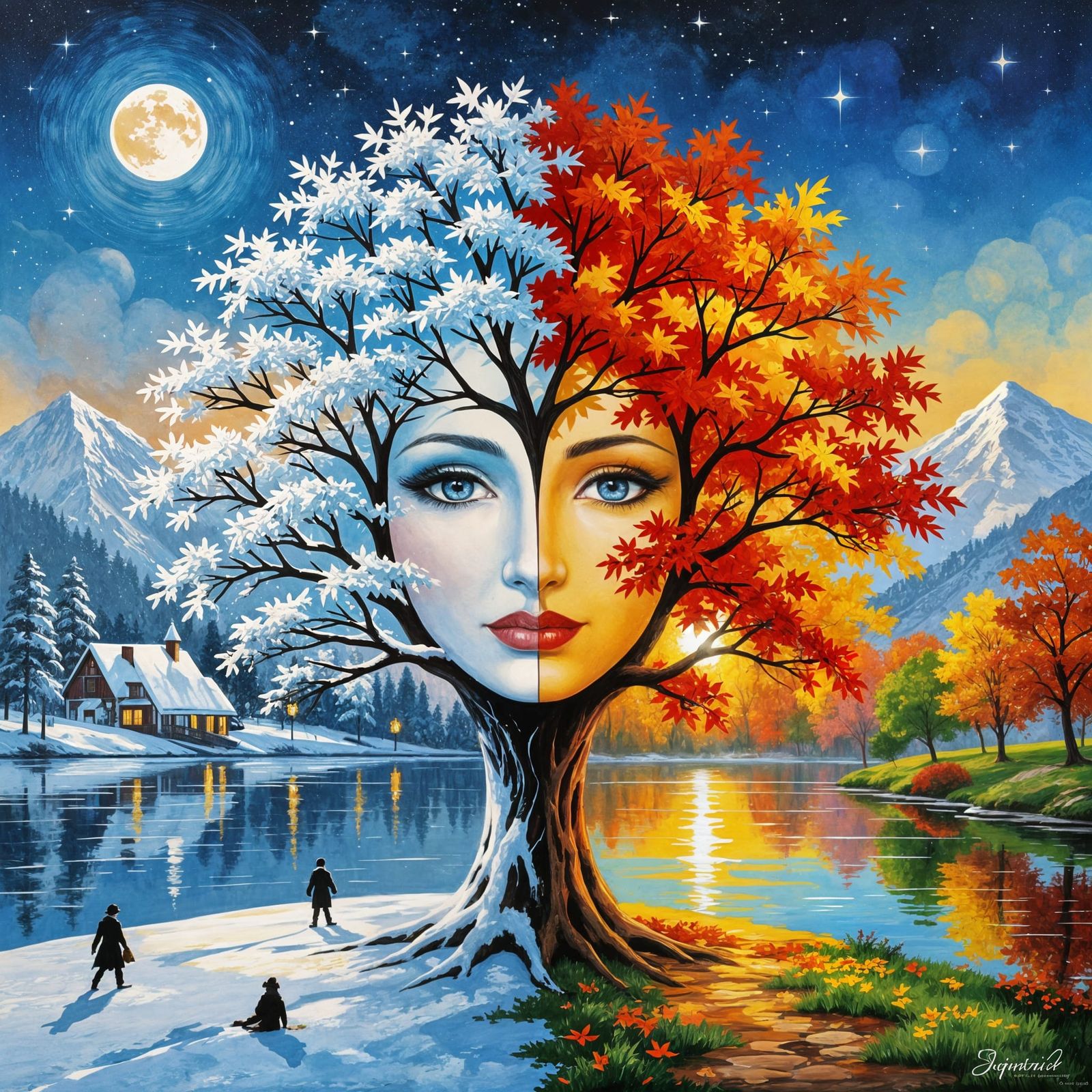 Four Seasons Tree Beside Lake in Impressionist Style