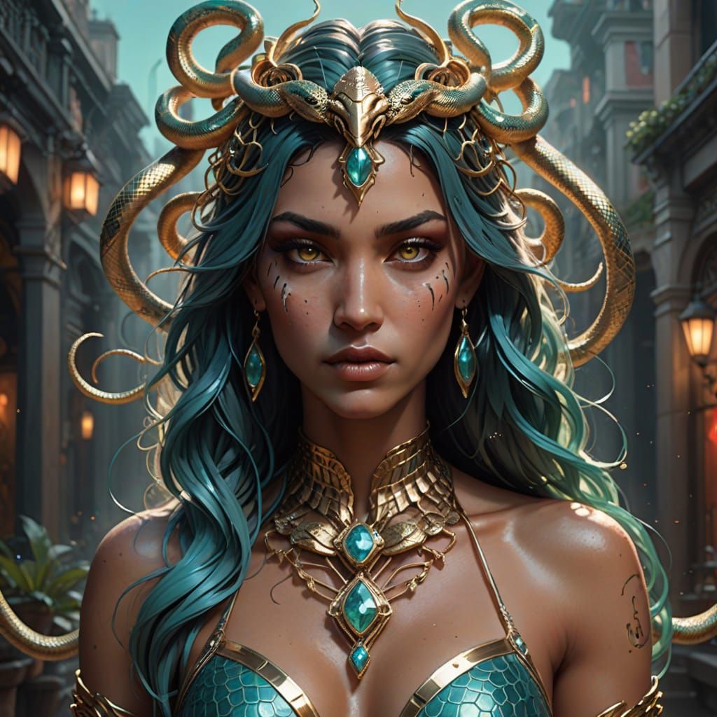 Medusa Portrait with Snakes in Art Nouveau Style