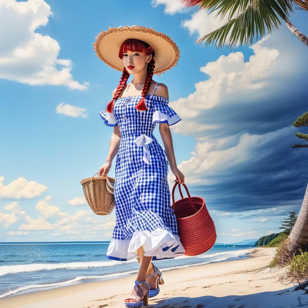 Vibrant Pop Art Beach Scene with Japanese Woman