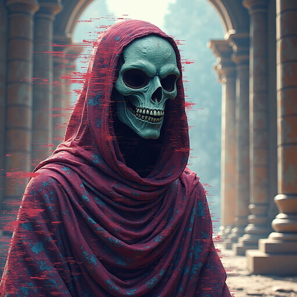 Alien Creature in Mask with Digital Glitches, Comic Book Sty...