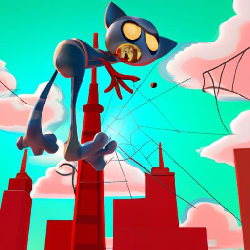 cartoon of a grey cat wearing a spiderman costume, stringing a web between two tall buildings, high in the air, cloudy s...