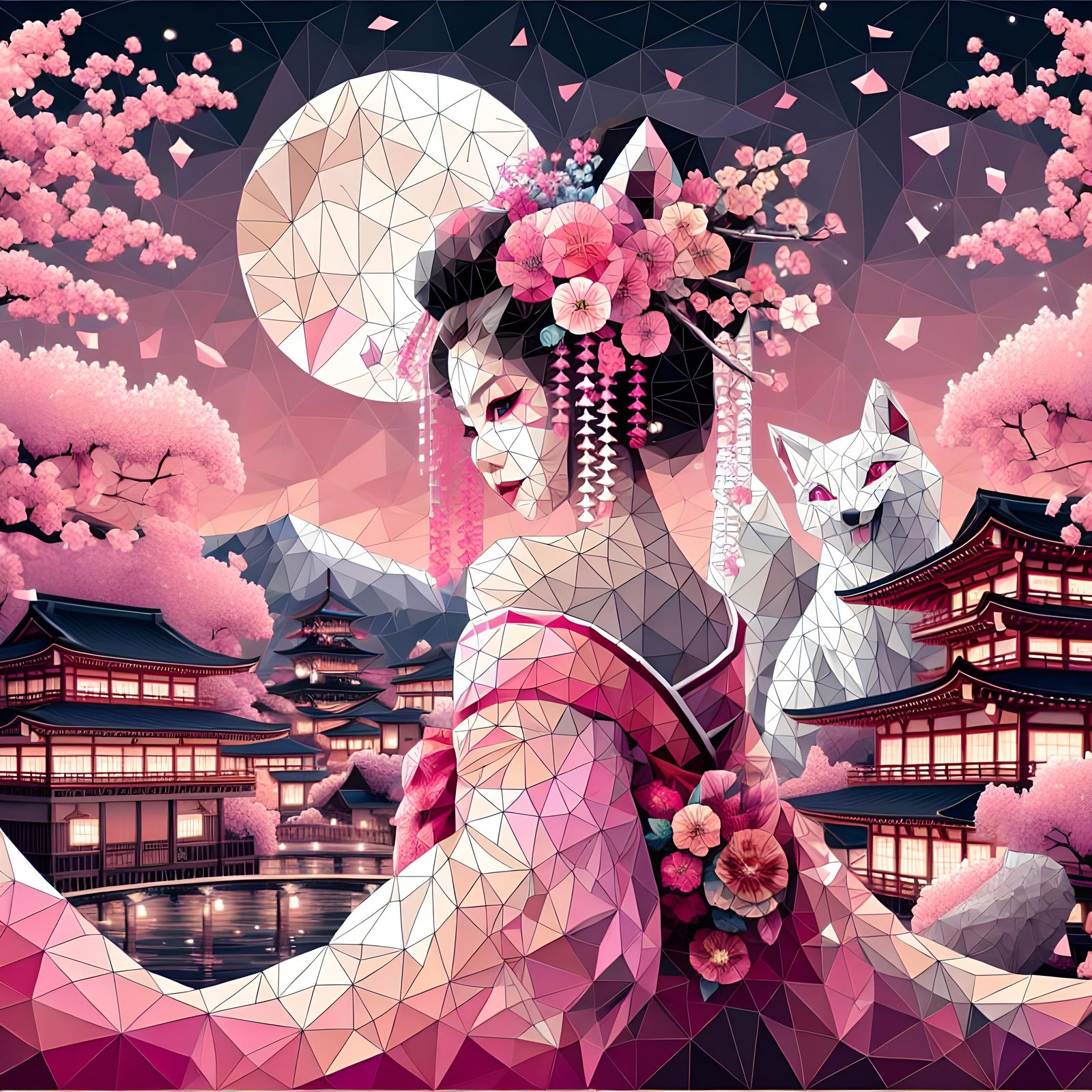 Geisha Amidst Cherry Blossoms in Japanese Town