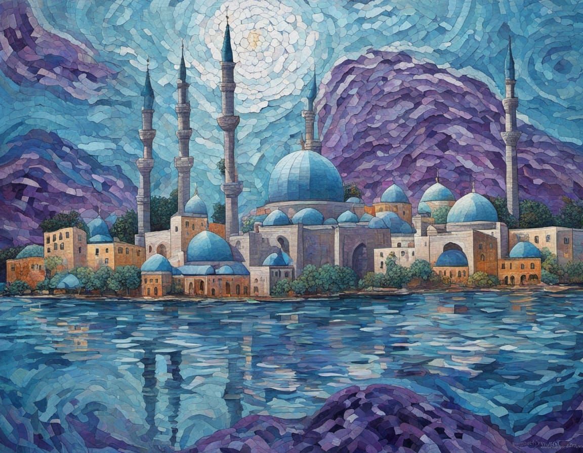Surreal Reef Mosque Painting with Vivid Violet Hues