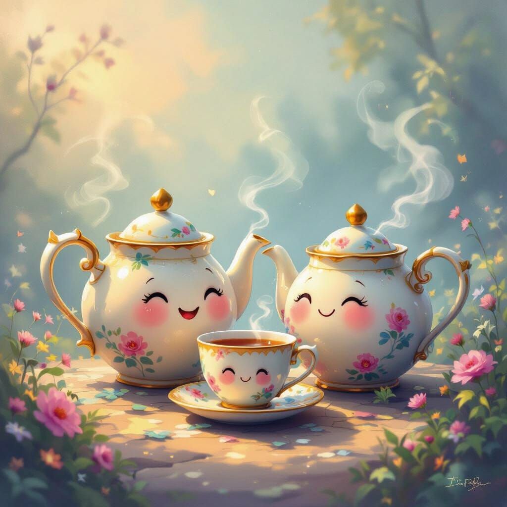 Cute Teapot Family in Ethereal Mist