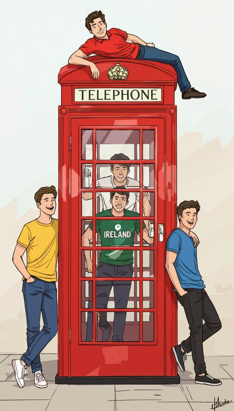 British Telephone Booth With Five Young Men In Digital Art S...